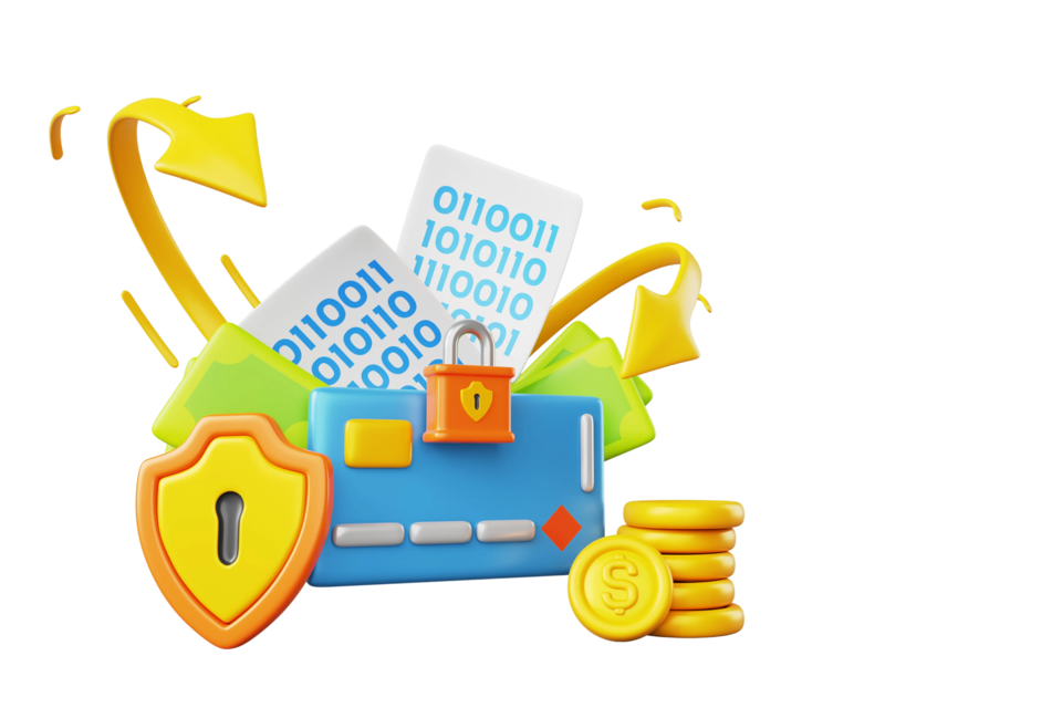 Financial security illustration with shield, coins and credit card