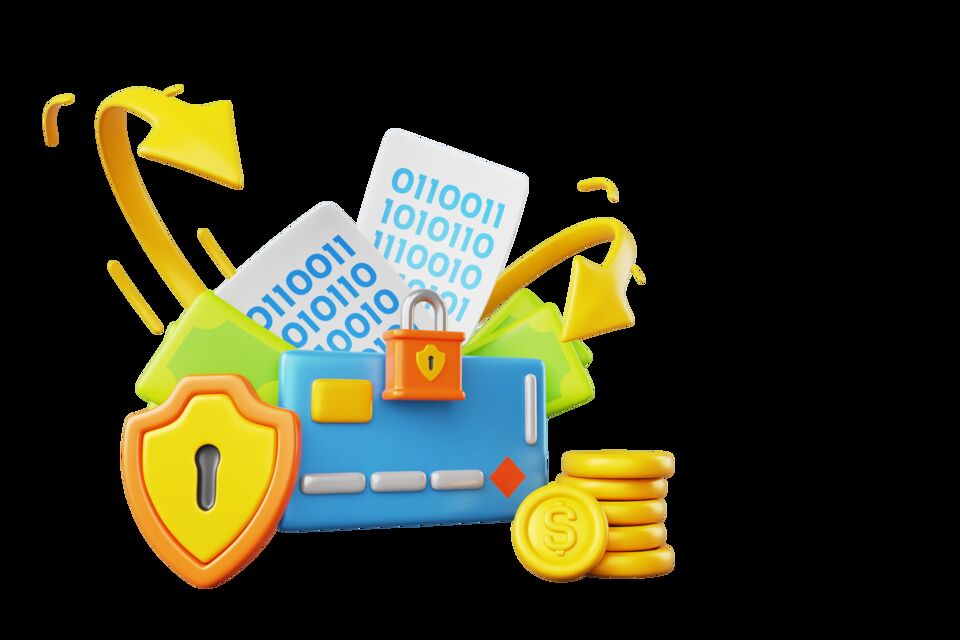 Financial security illustration with shield, coins and credit card